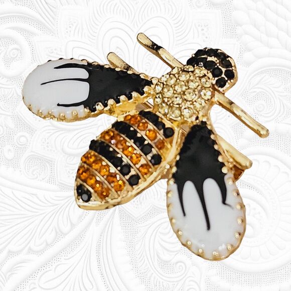 Crystal Rhinestone Bee Pin Insect Enamel Brooch Yellow & Black Statement Unisex - Picture 2 of 10